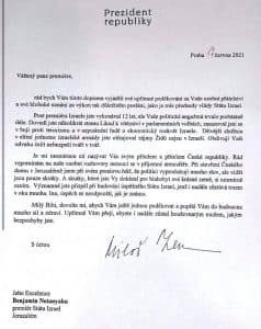 Emouvante lettre du président tchèque à Binyamin Netanyahou