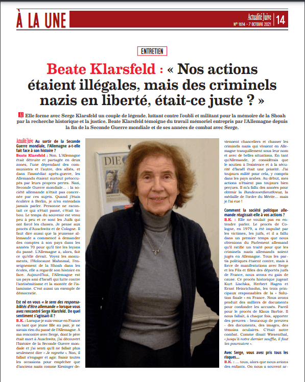 Beate Klarsfeld : « Nos actions étaient illégales, mais des criminels nazis en liberté, était-ce juste ? »