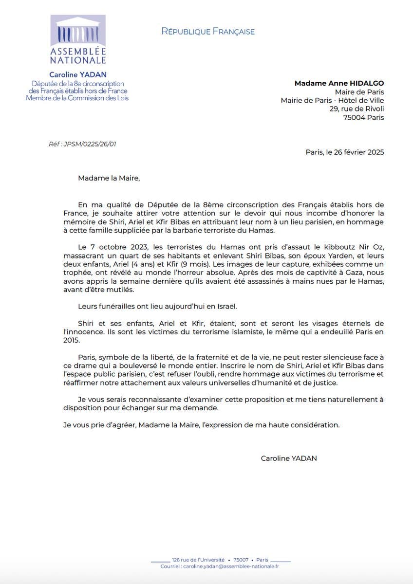 Caroline Yadan demande que le nom de Shiri, Kfir et Ariel Bibas soit donné à un espace public à Paris